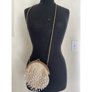 Vintage Evening Bag Ivory Purse Gold Tone Sparkling Sequins Crystals